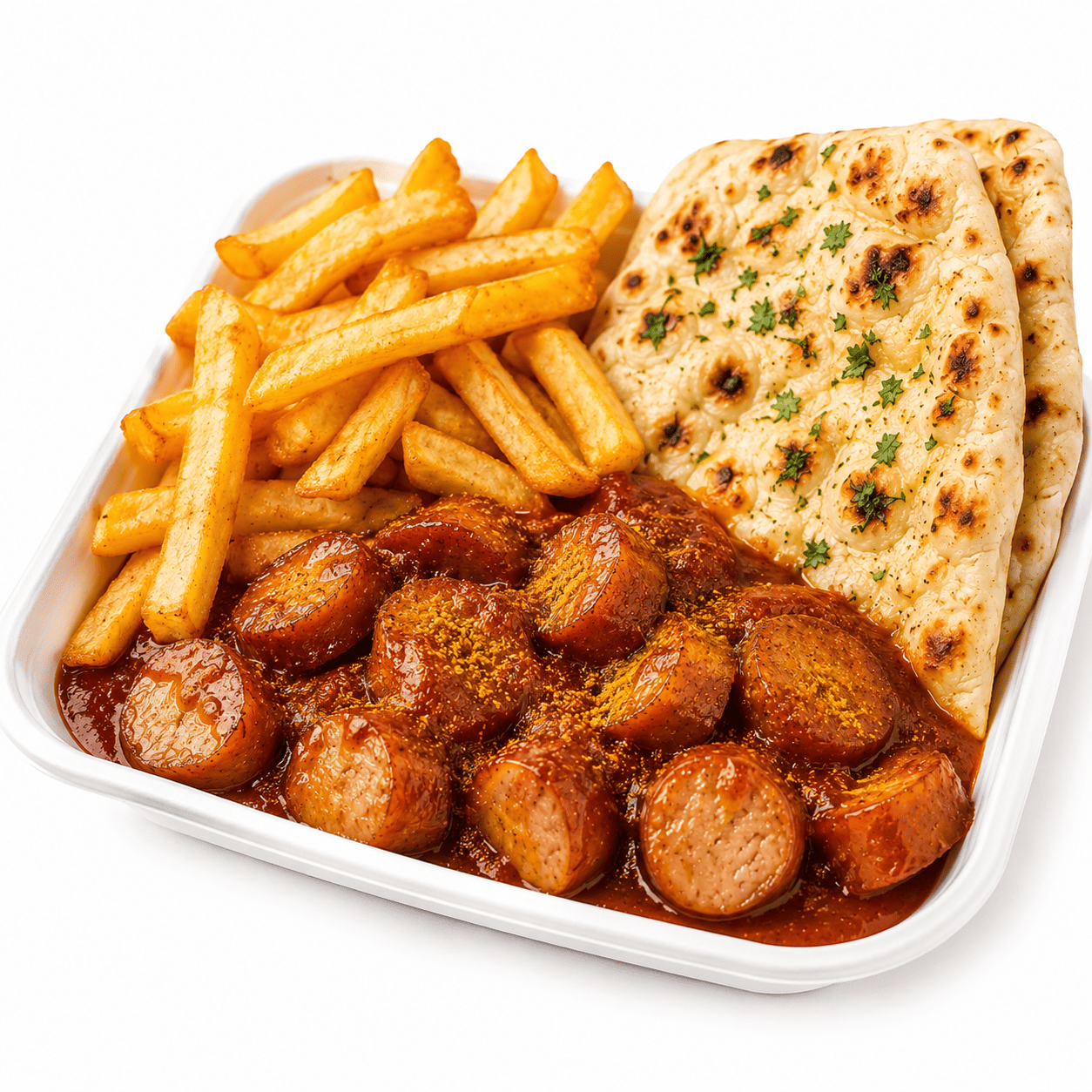 Currywurst mit Pommes und Naan